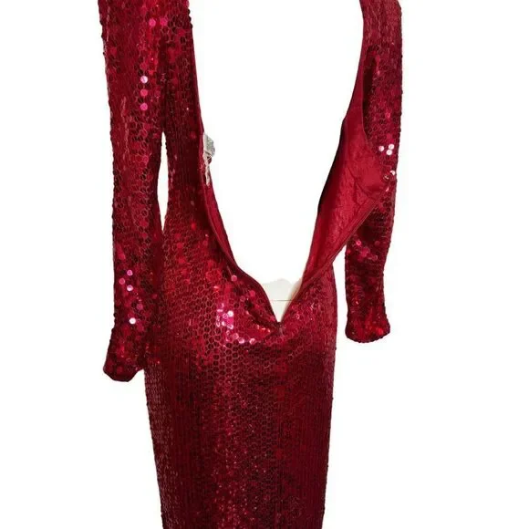 Vintage OLEG CASSINI 12 Open Back True Red Sequin Dress 80s 90s Mob Wife Large Dresses